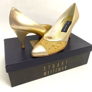 Vtg Stuart Weitzman Gold Leather Pumps Heels Size 7.5 Embellished Womens Shoes
